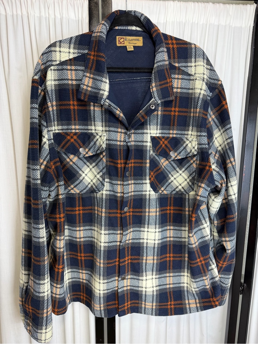 Men's Plaid Button-Down Shirt Jacket in Navy, Cream & Brown Plaid